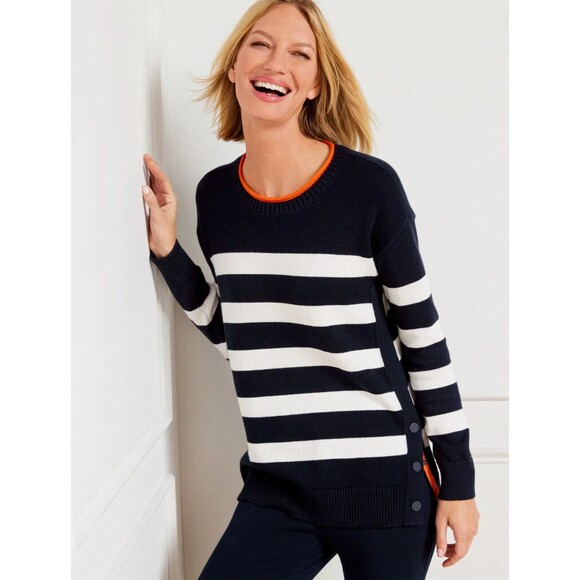 Talbots Sweaters - Talbots Striped Nautical Soft Coolmax Pullover Navy Button Sweater SMALL NWT